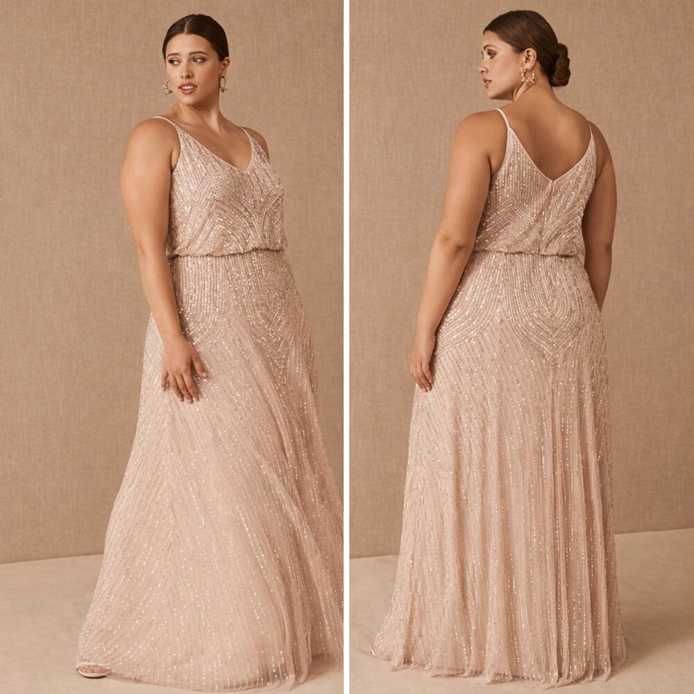 BHLDN Fidelia Beaded Gown 18W Wedding Guest Nude Sequin Formal